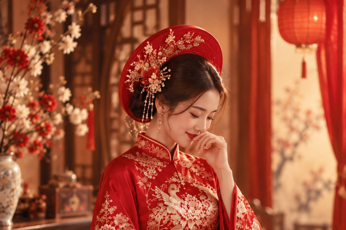 Áo dài cưới đỏ son kết hợp khăn vấn kim tuyến